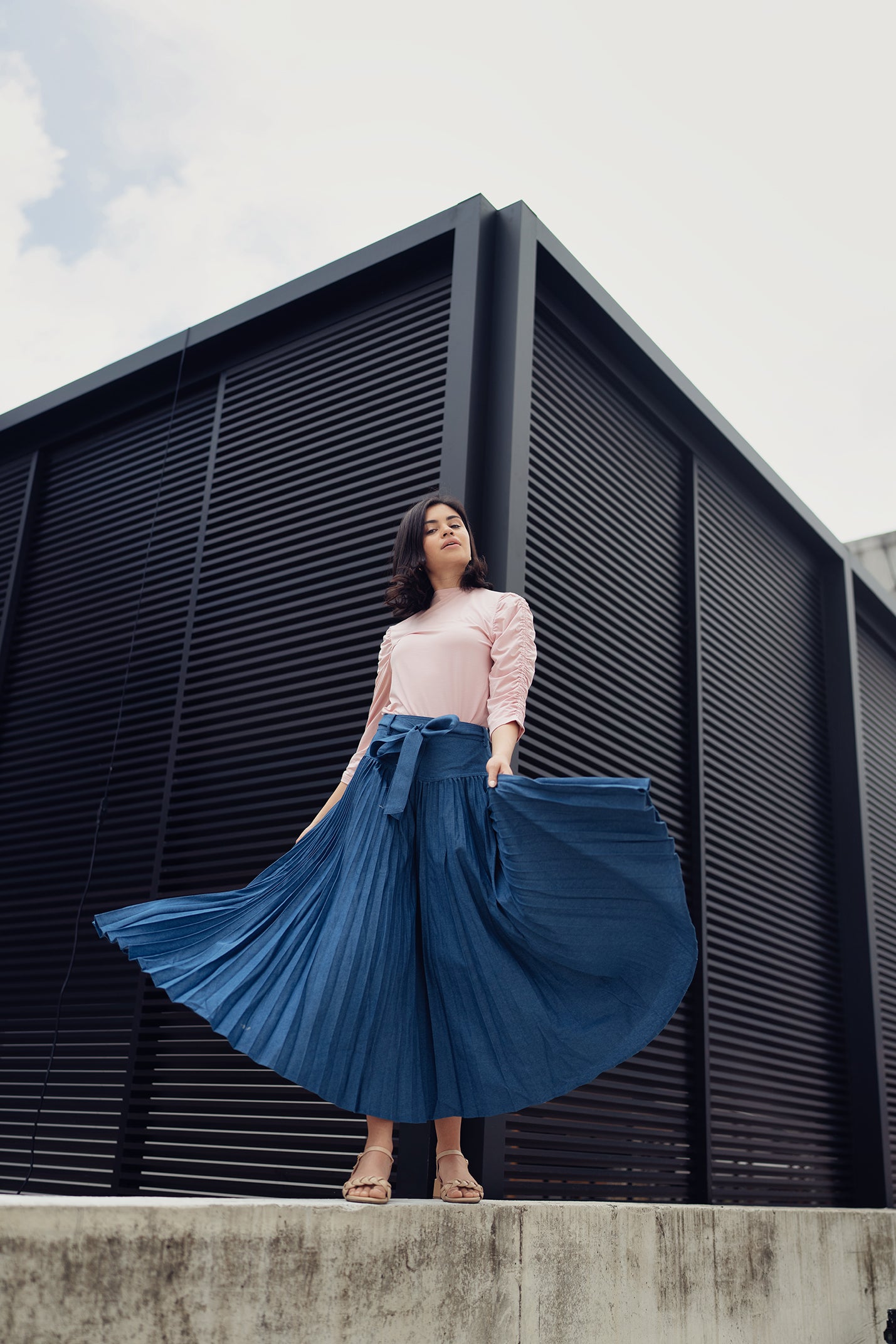 TENCEL DROP WAIST PLEATED SKIRT