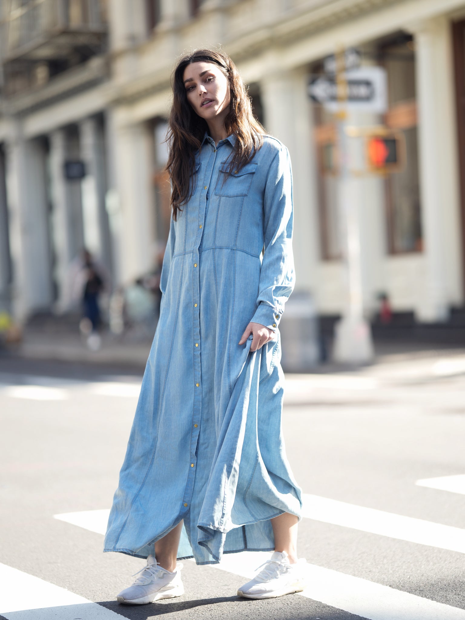 tencel shirt dress Women's Blue Acid Wash Tencel Maxi Shirt Dress Blue / XL