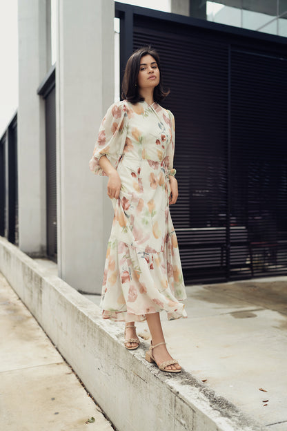 WRAP DRESS IN DUSTY ROSE/NAVY FLORAL