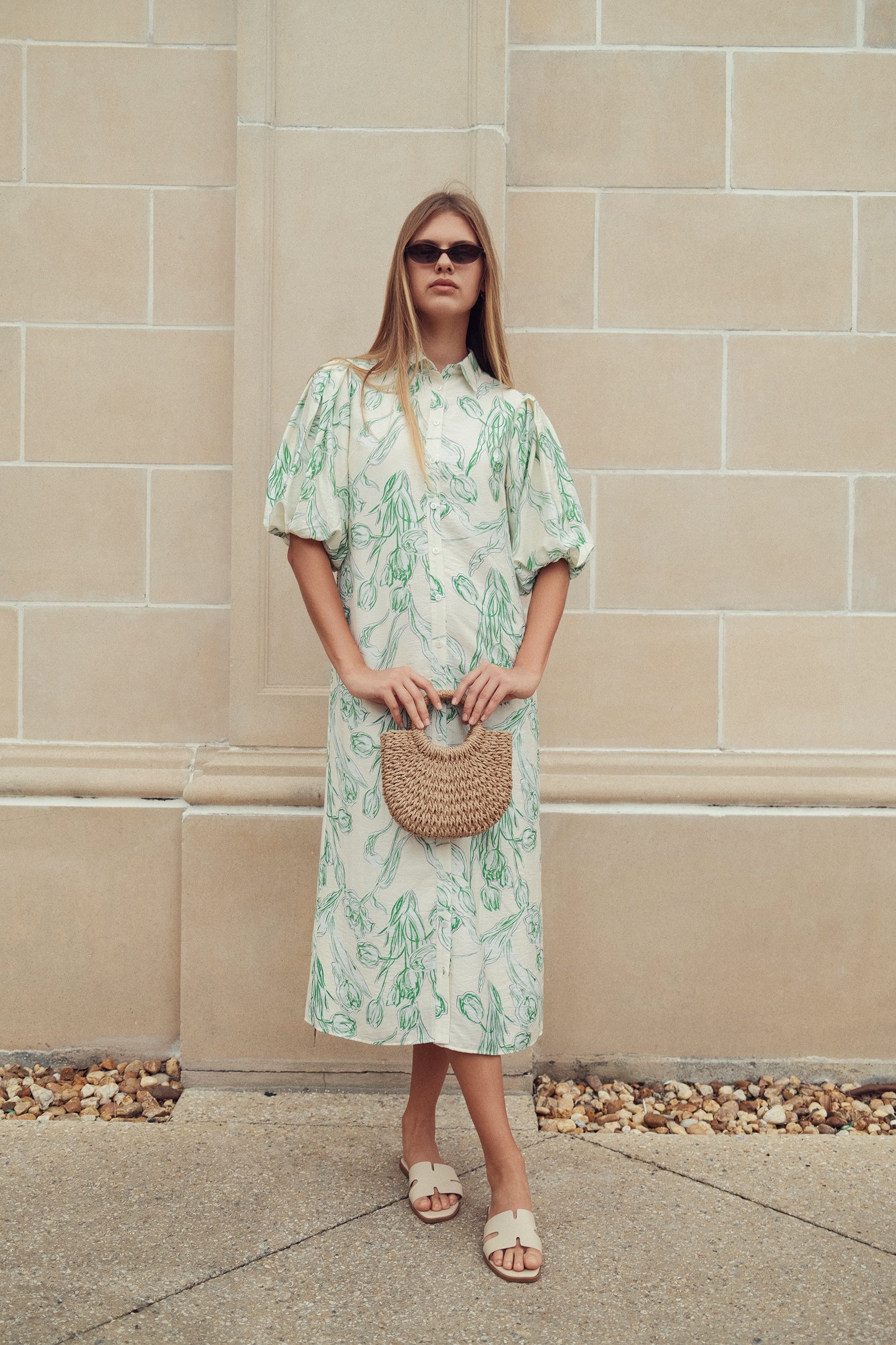 FLORAL LINEN DRESS GREEN/CREAM FLORAL / S