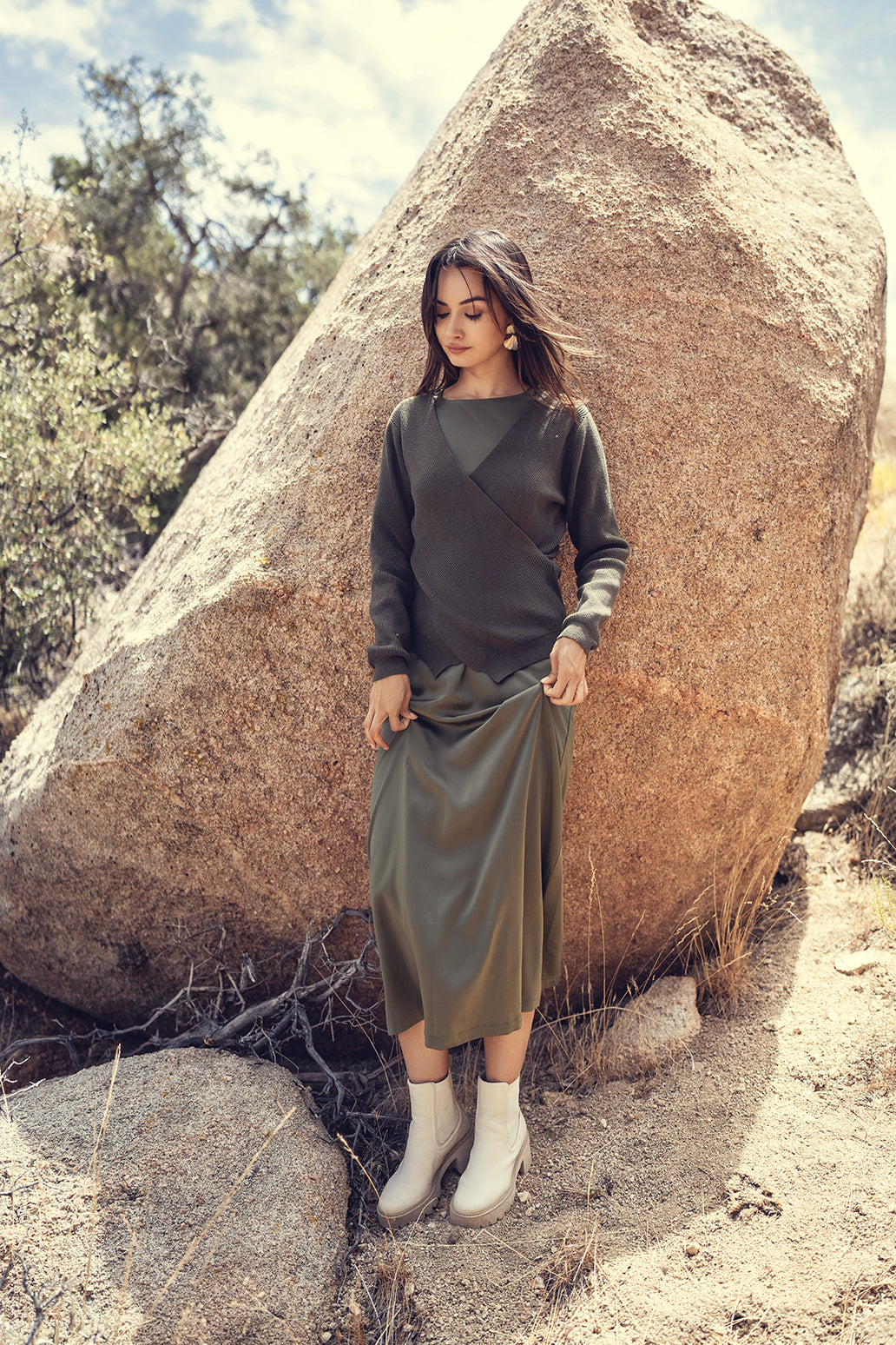 green slip dress with sweater Fall Trend: The Square Neck Midi Slip Dress