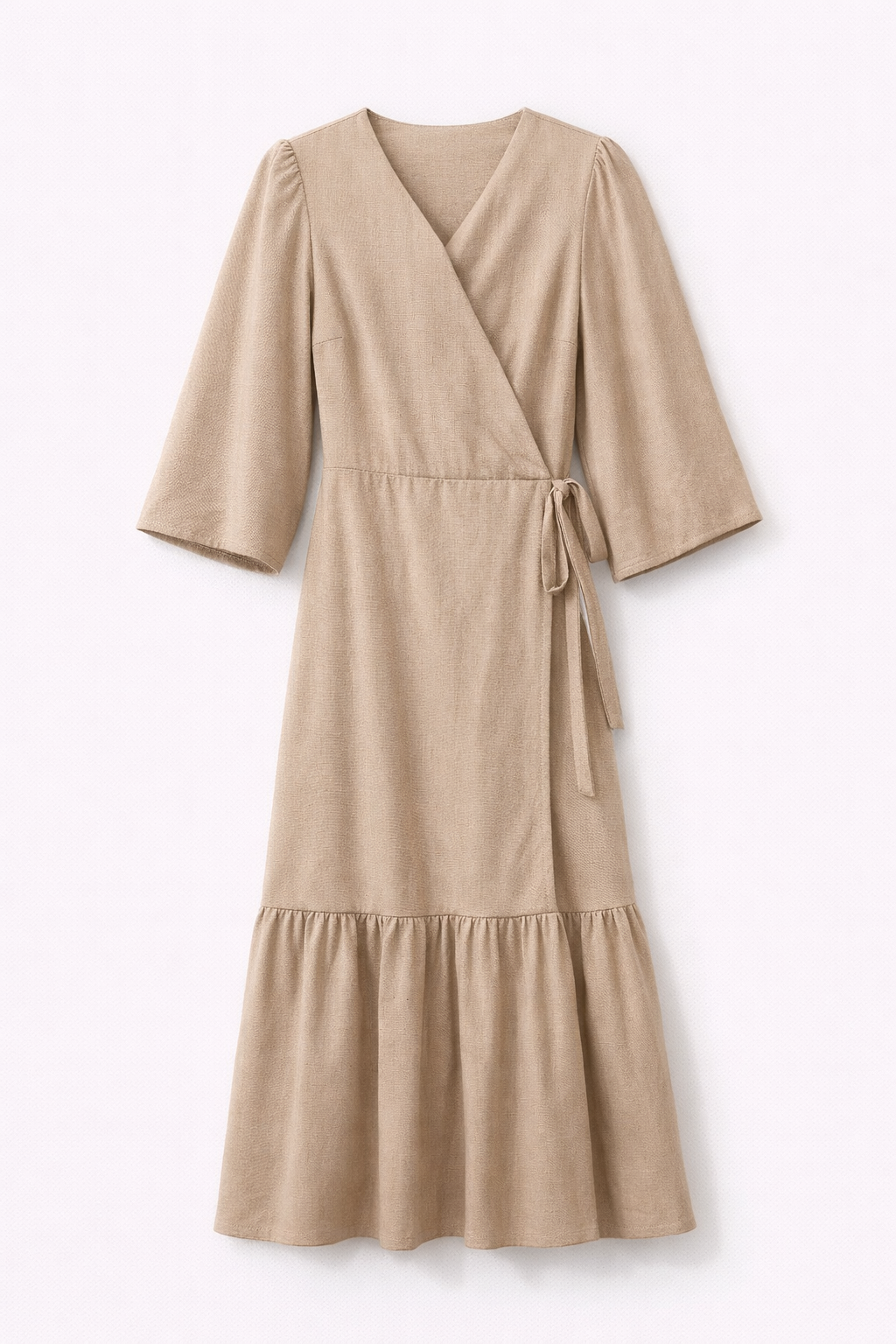 ruffled linen wrap midi dress Beige Cotton Linen Ruffle Midi Wrap Dress 42" / Petite (5'1" and below)