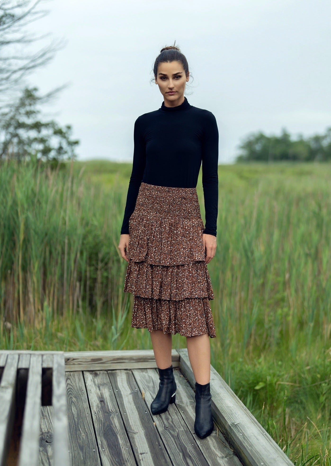 GRAY PRINTED TIERED SKIRT