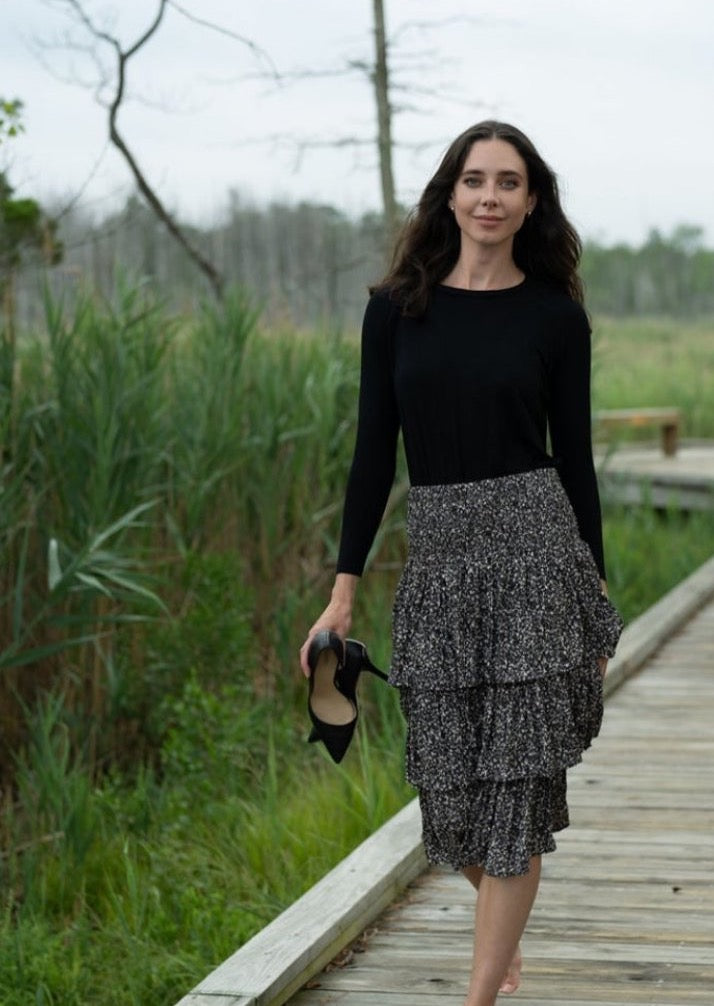 GRAY PRINTED TIERED SKIRT